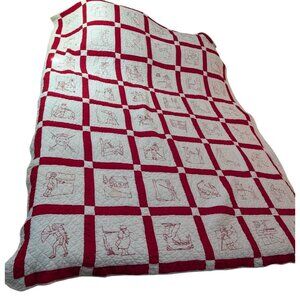 Redwork Colonial Embroidered Quilt Early 1900s Twin 83x67 Pioneer Hand quilted